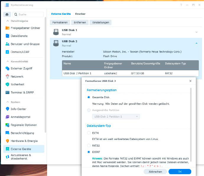 Bei einem Synology- NAS formatieren Sie den USB-Datenträger über „Systemsteuerung –› Externe Geräte –› Formatieren“. Hier gilt es aufzupassen, dass Sie das richtige USB-Laufwerk auswählen, wenn mehrere angeschlossen sind.
