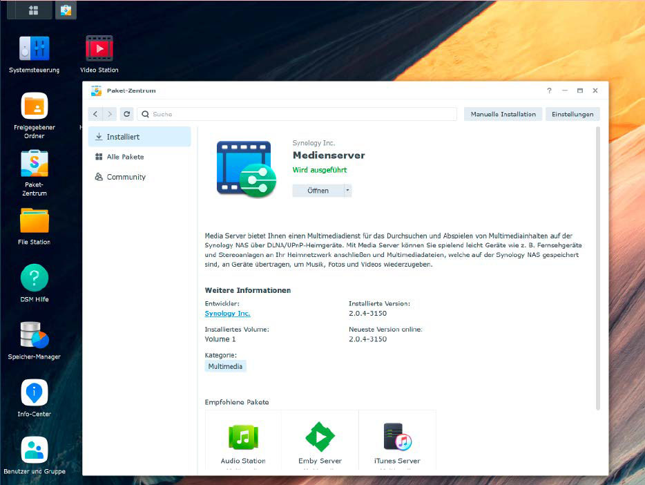 Auch bei einem Netzwerkspeicher von Synology müssen Sie die Medienserver-Funktion im Paketzentrum der NAS installieren.