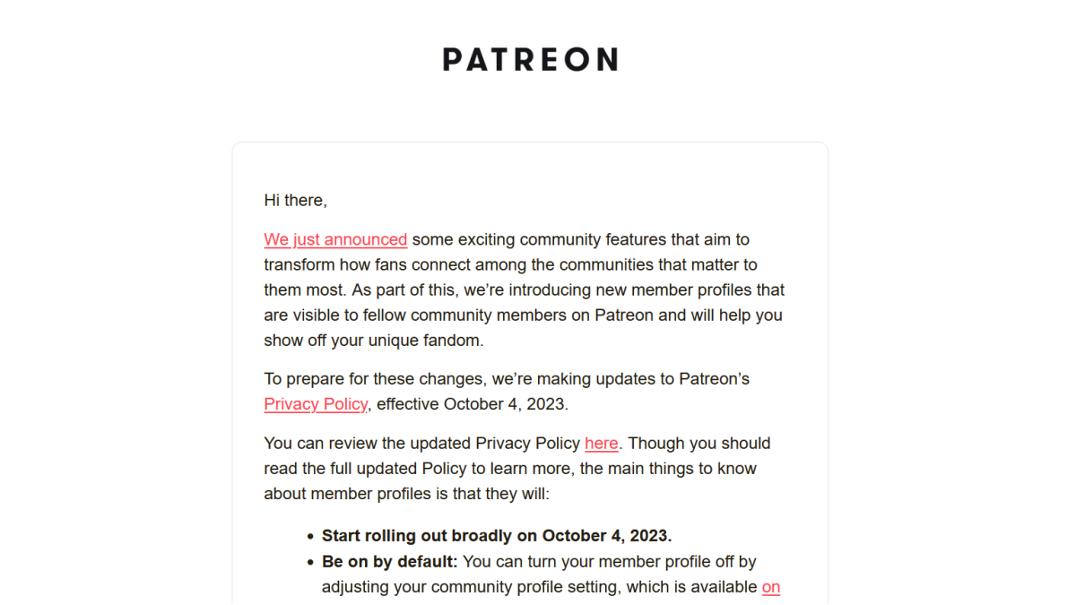 Patreon privacy policy update email