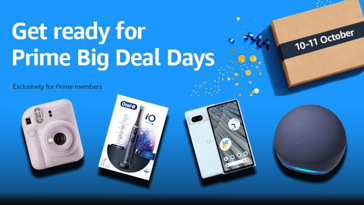 Prime Day event logo and sales products, including an Instax camera, Google Pixel 7a, Amazon Echo and Oral-B iO9