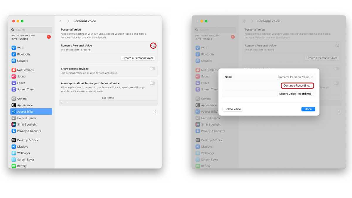 macOS Sonoma Personal Voice continue recording