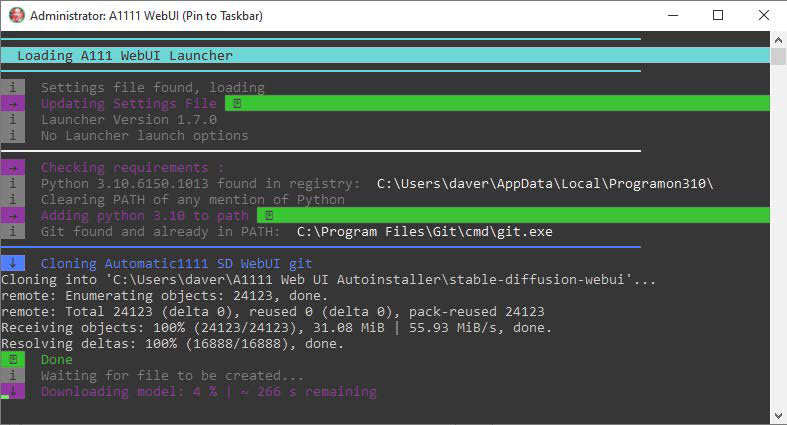 Transparente Installation: Auch Automatic 1111 gibt es als Windows-Installer in Form einiger Python- und Powershell- Scripts, die in einem Fenster der Eingabeaufforderung zeigen, was sie tun.