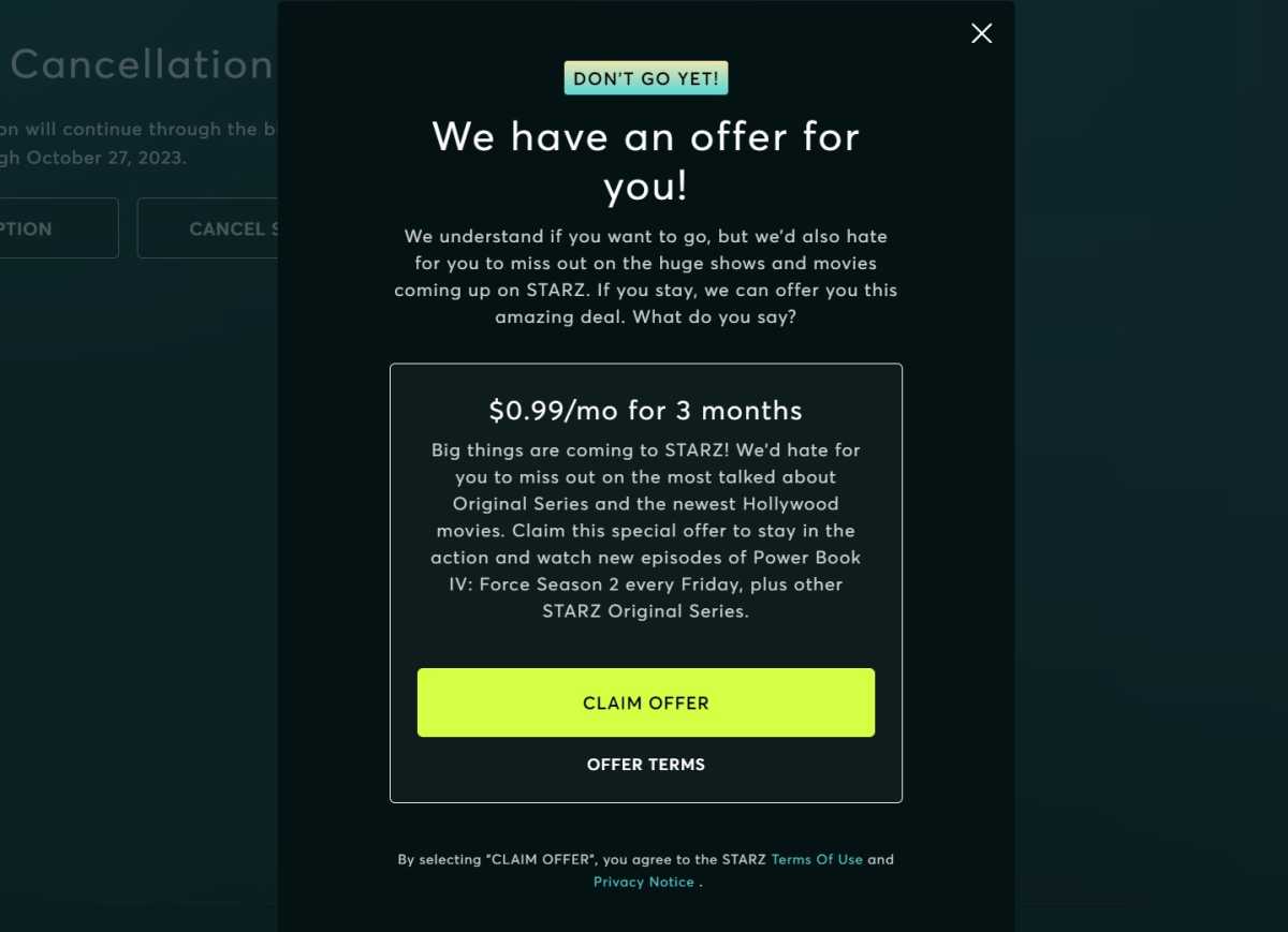 Starz cancellation page says "We have an offer for you!" with a deal of $0.99 per month for three months