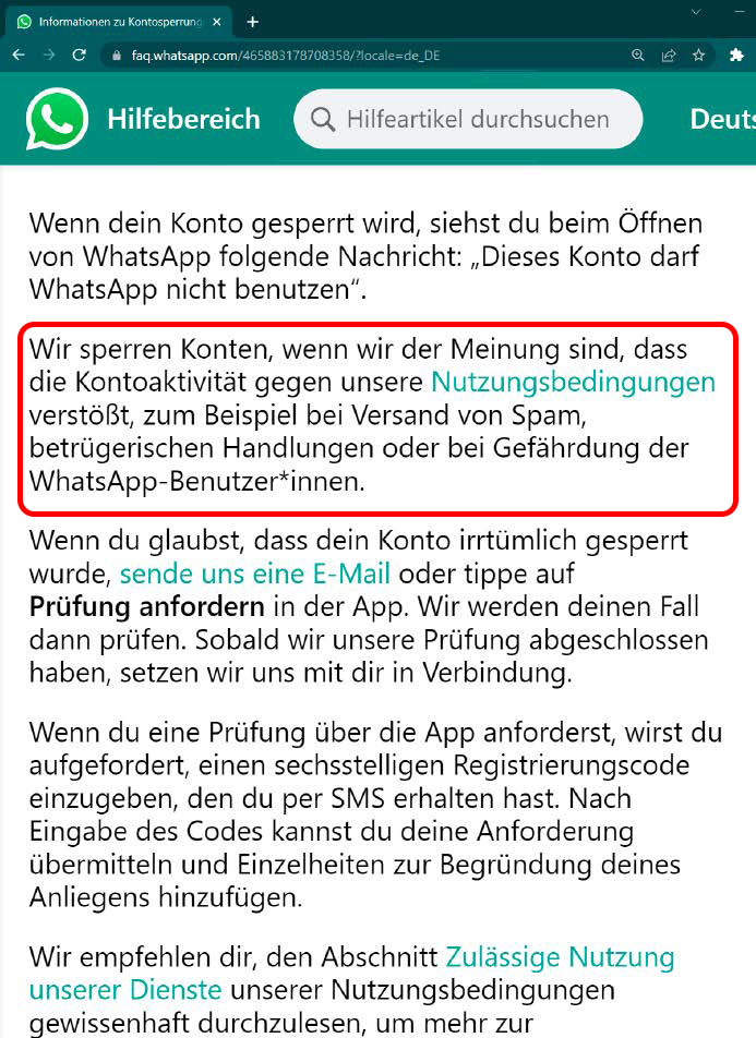 Die Nutzungsbedingungen von Whatsapp geben Aufschluss über die Gründe für eine Kontosperrung.