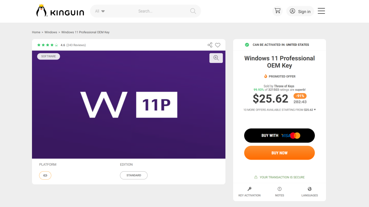 Kinguin Windows 11 Pro listing