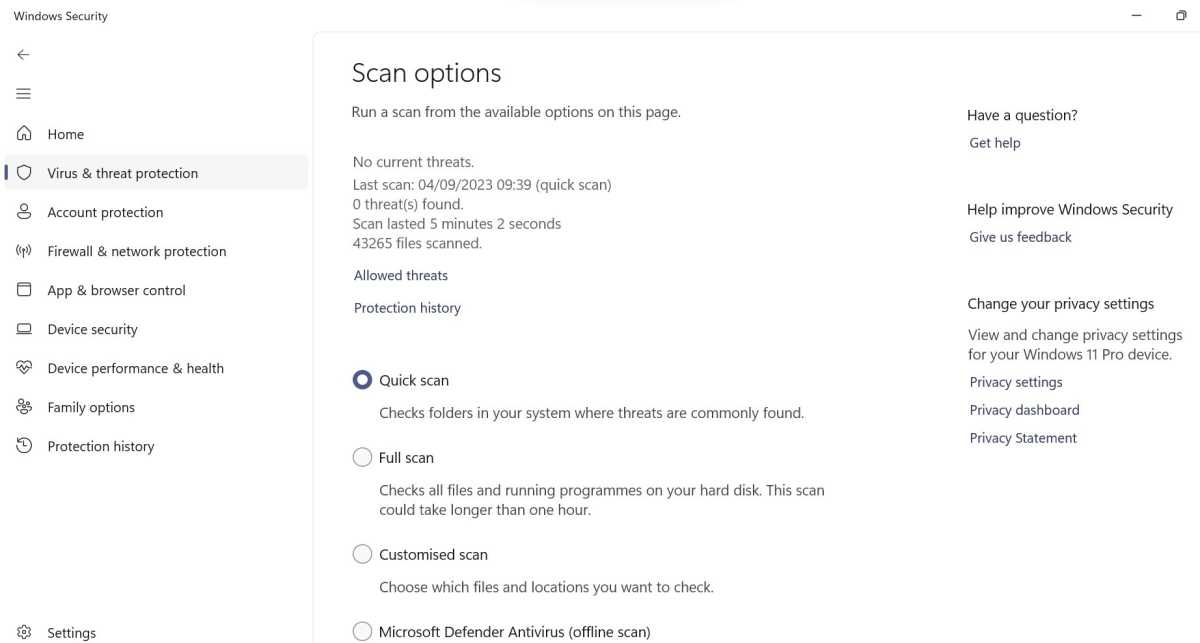 Windows Security app virus scan