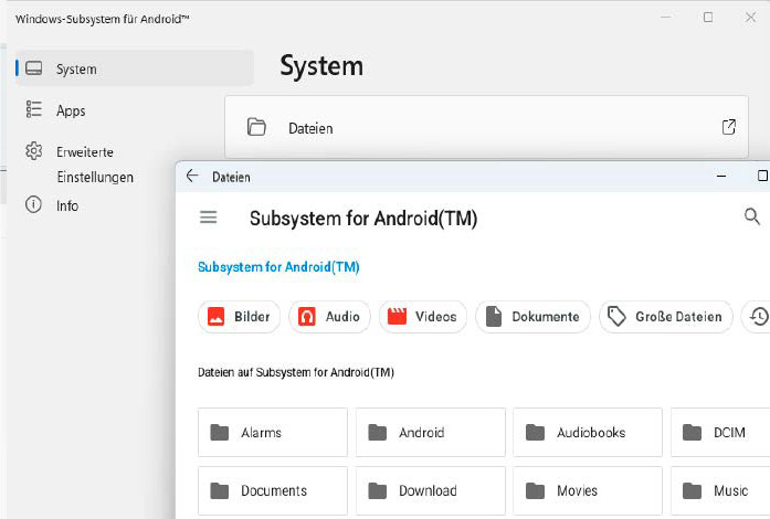 Das Windows Subsystem für Android vereinfacht den Datenaustausch zwischen beiden Systemen und erlaubt Android-Apps Zugriff auf das Windows-Dateisystem.