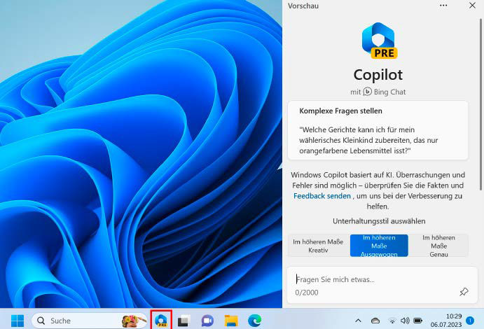 Noch lässt sich das neue KI-Tool Copilot nur in den Vorabversionen von Windows 11 nutzen. Später soll es die Bedienung des Betriebssystems generell vereinfachen.