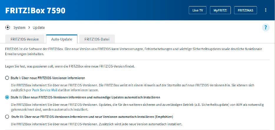 Optimalerweise installiert der Router umgehend sicherheitsrelevante Updates. Bei der Fritzbox stellen Sie für diese Funktion die Update-Stufe II ein.