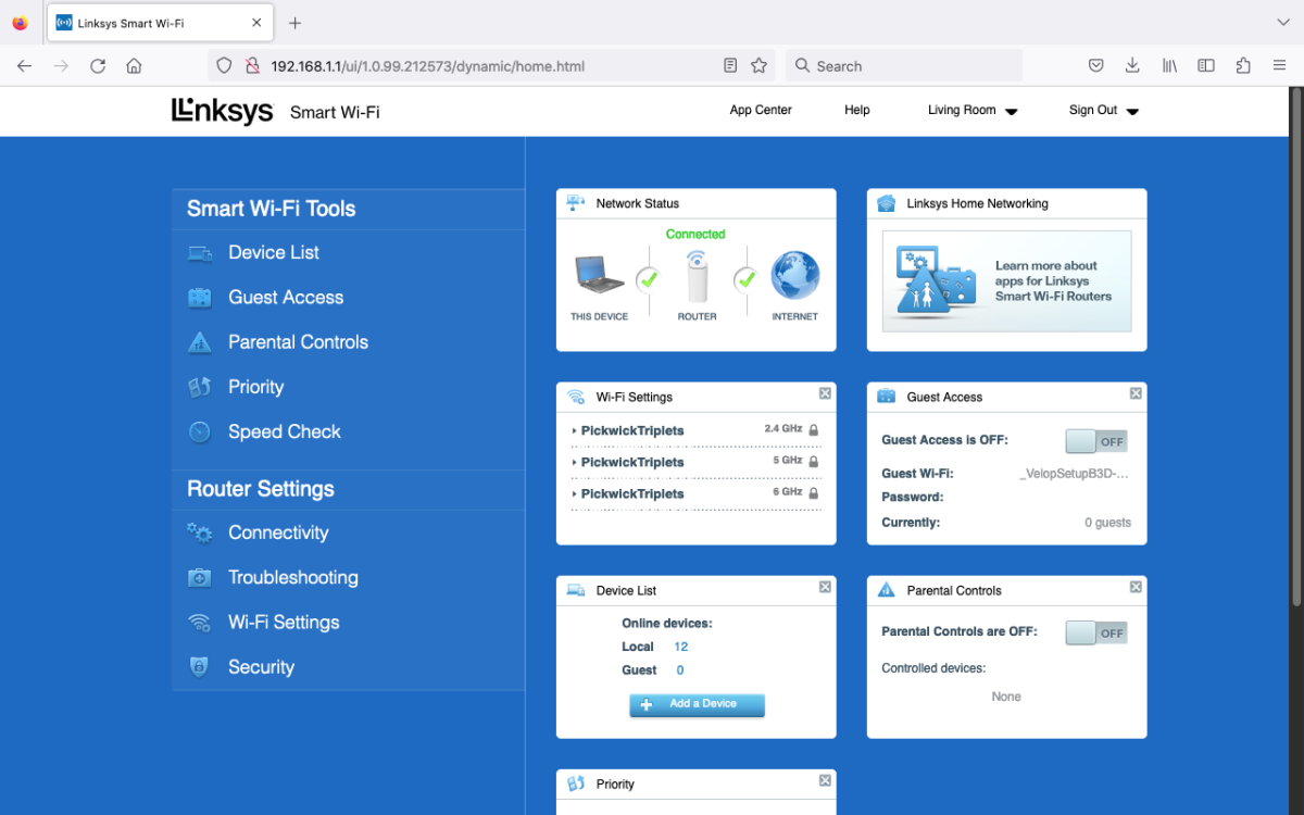 The Linksys Smart WiFi desktop control panel of the Linksys Velop Pro 6E 