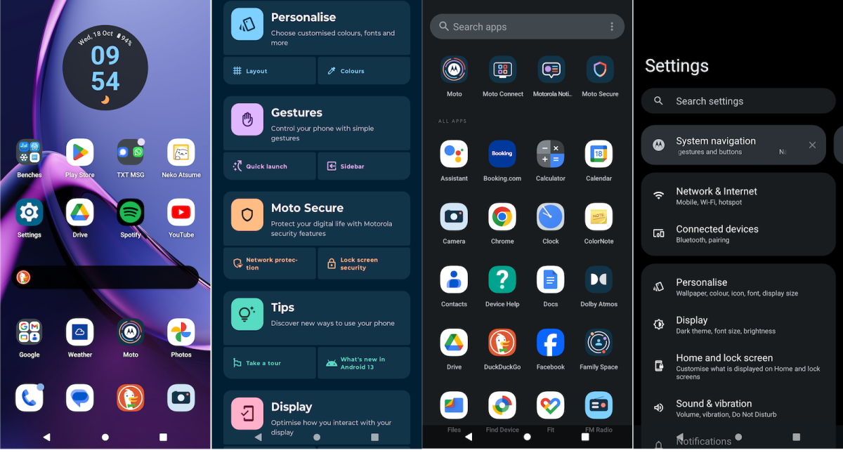Screengrabs of the Motorola Moto G84 5G's user interface, Android 13 with Motorola's MyUX on top