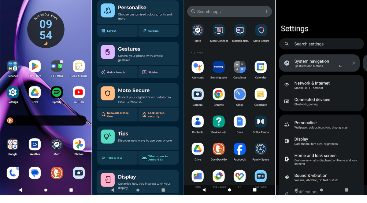 Screenshots der Benutzeroberfläche des Motorola Moto G84 5G, Android 13 mit Motorolas MyUX darüber