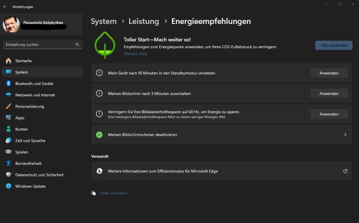 Windows 11 gibt dem Nutzer gleich mehrere Energieempfehlungen