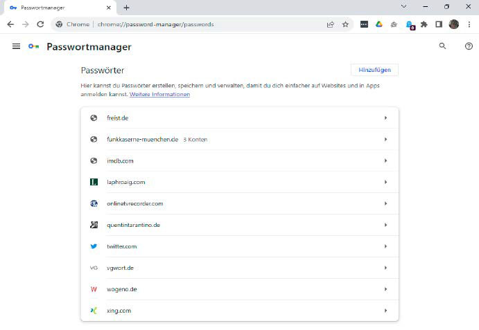 Der Passwortmanager von Google Chrome ist betont schlicht gehalten. Über das Drei-Punkte-Menü des Browsers ist er mittlerweile über einen eigenen Menüpunkt einfach zu erreichen.