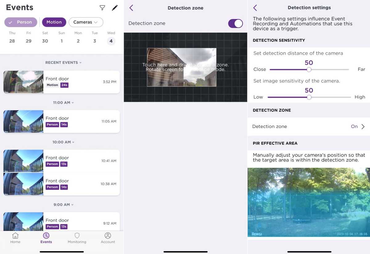 Roku camera event detection and motion settings