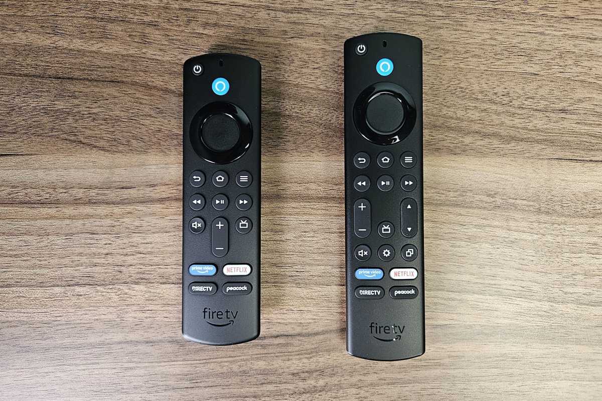 Fire TV Stick 4K remote next to the Fire TV Stick 4K Max remote, which has additional buttons for settings, channel-flipping, and recent apps