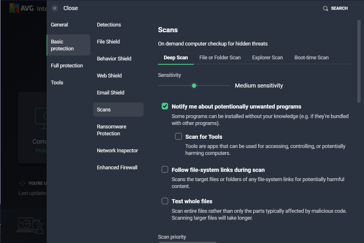 AVG scan settings