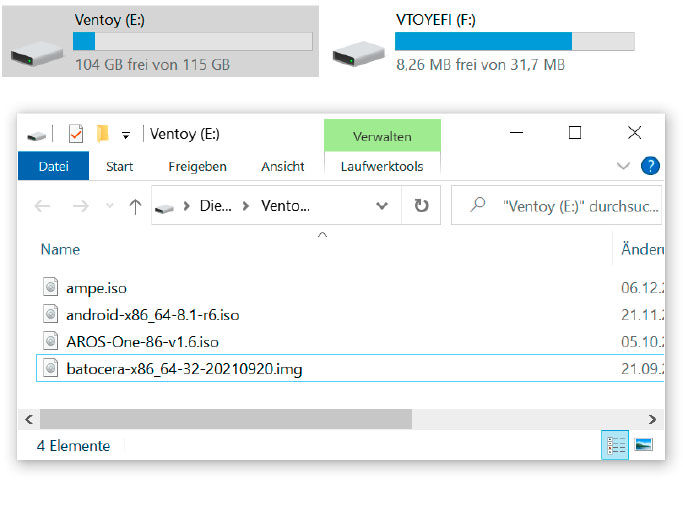 Multiboot-System ganz einfach: Bei der Installation und Konfiguration von Ventoy auf einem USB-Stick werden auf dem Datenträger zwei Partitionen erzeugt.