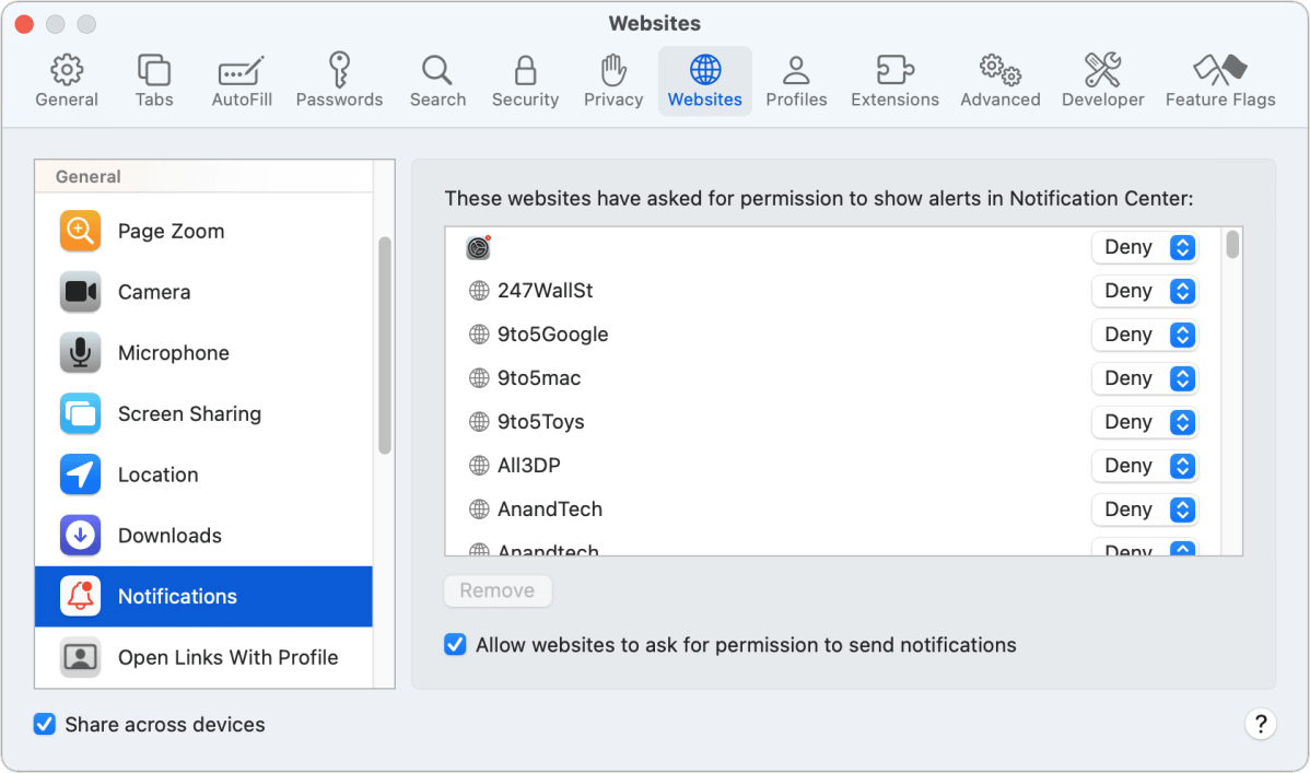 настройки уведомлений Safari