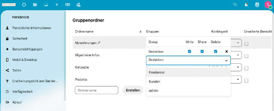 Die App „Group Folders“ unterstützt Sie beim Einrichten von Gruppenordnern in Nextcloud. Das Zuweisen von Gruppen und den Berechtigungen fällt damit wesentlich leichter.