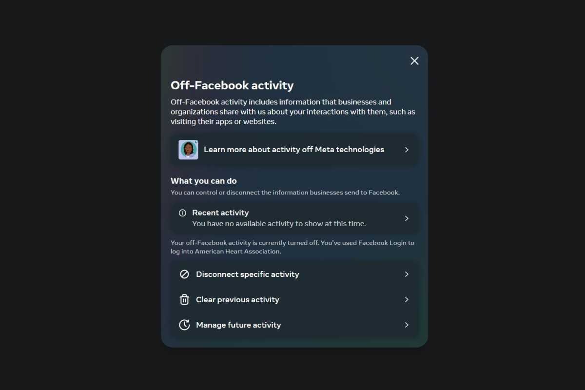 Off-Facebook activity menu