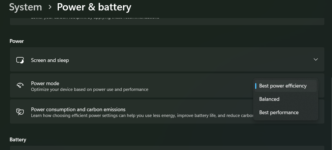 Windows system power and battery power mode