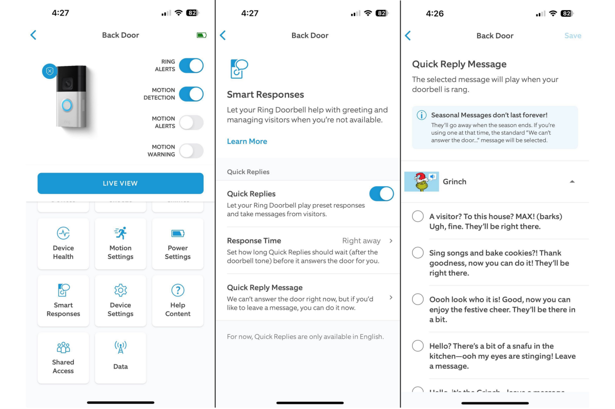 Ring Video Doorbell quick reply screenshots