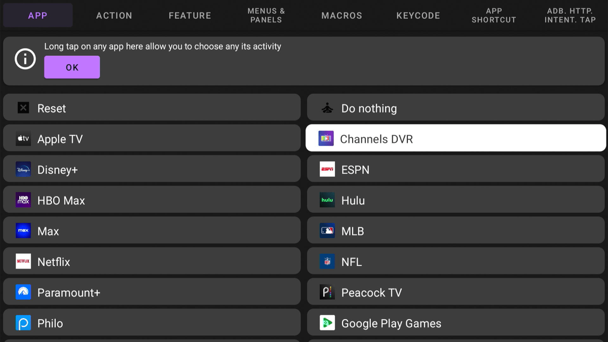 Reasignación de accesos directos a aplicaciones en TVQuickActions