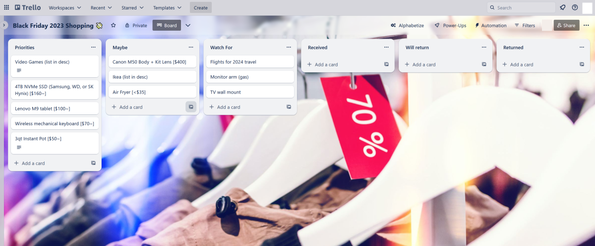 example trello board for Black Friday 2023 planning