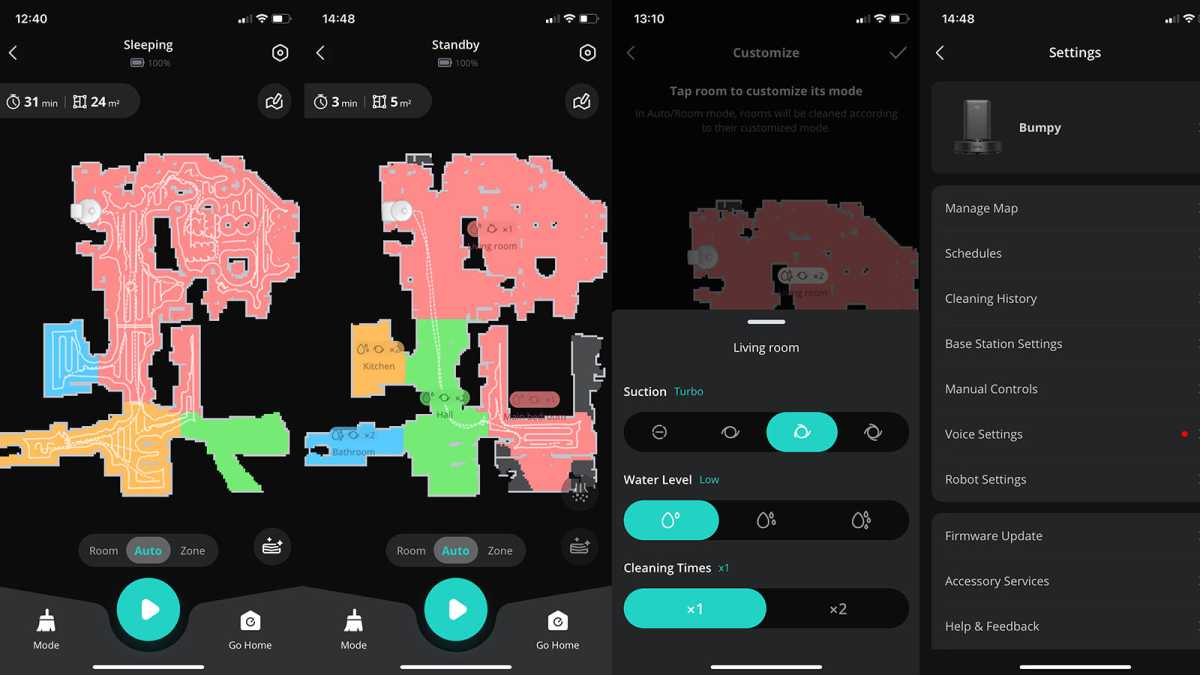 Eufy app, showing mapping and cleaning options