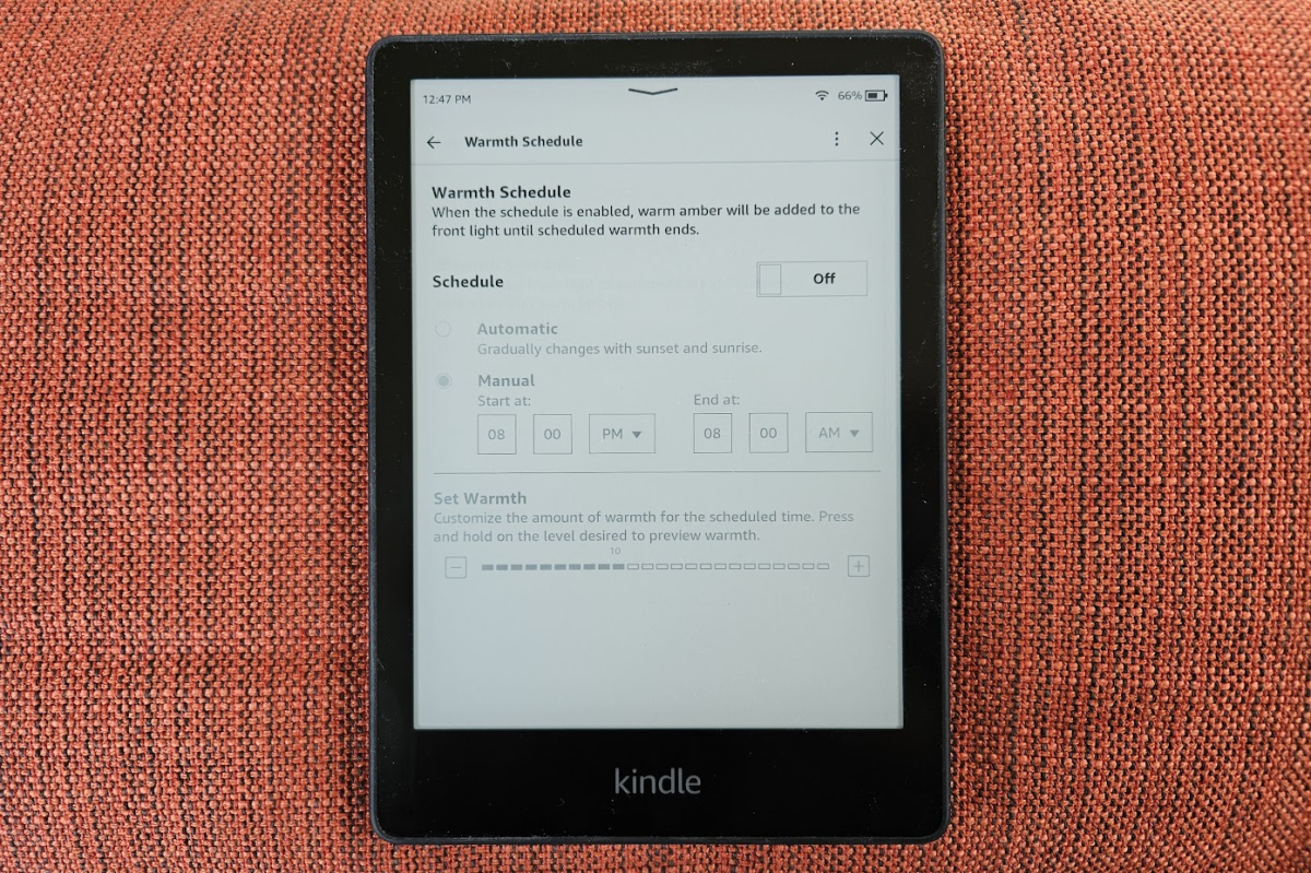 Kindle screen warmth scheduling