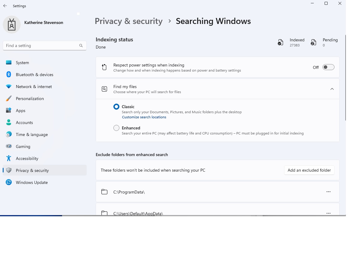 Windows indexing settings