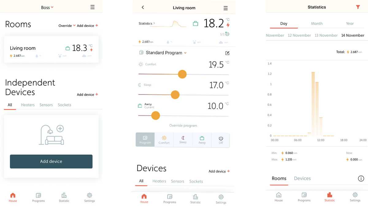 Screen shots from the Mill app, showing scheduling options and statistics