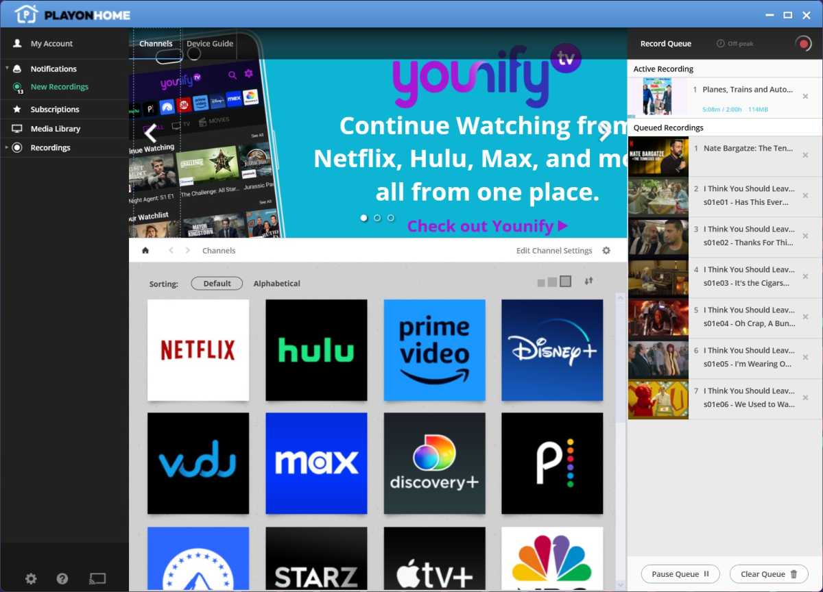 PlayOn home screen with recording queue