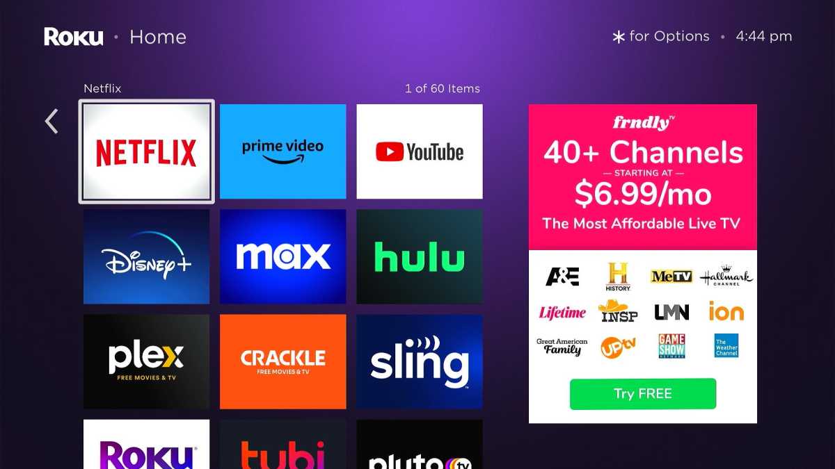 Roku home screen with Frndly TV banner ad