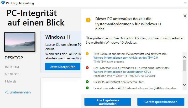 Typische Gründe für das Scheitern: Auf diesem PC stoppt die Installation von Windows 11, weil der Prozessor und der TPM-Sicherheitschip nicht den Anforderungen an die Hardware genügen.