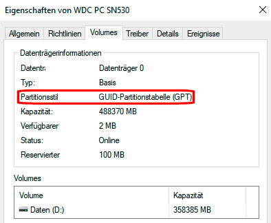 Der Partitionsstil „GUIDPartitionstabelle“ des Systemdatenträgers weist darauf hin, dass Windows im echten Uefi- und nicht im Biosoder Kompatibilitätsmodus (CSM/Legacy) läuft.