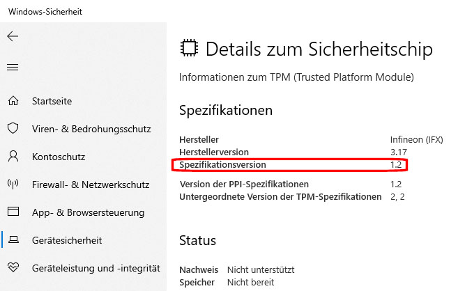 Über den Suchbegriff „Sicherheitschip“ erfahren Sie in der Einstellungen-App von Windows 10 und 11 Details zum TPM-Chip, darunter auch die installierte Version.