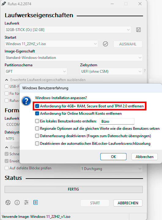 Rufus konfiguriert USB-Installationssticks auf Wunsch so, dass Windows 11 später zwingend im Uefi-Modus läuft. Zudem hebelt das Tool Microsofts strenge Hardwareanforderungen einfach aus.