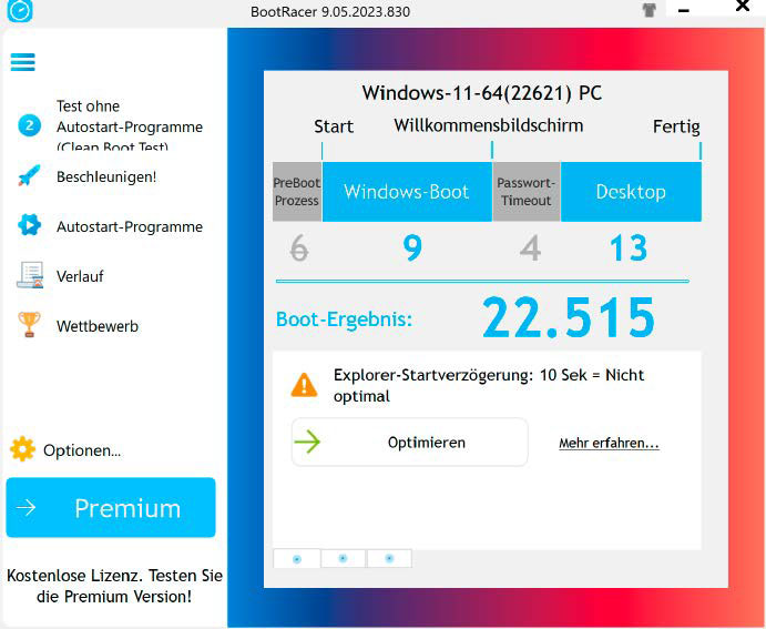 Startzeiten ermitteln: Bootracer zeigt übersichtlich an, wie lange der Windows-Start gedauert hat und wann der Desktop einsatzbereit war. Das Tool kann auch Autostart-Programme deaktivieren.