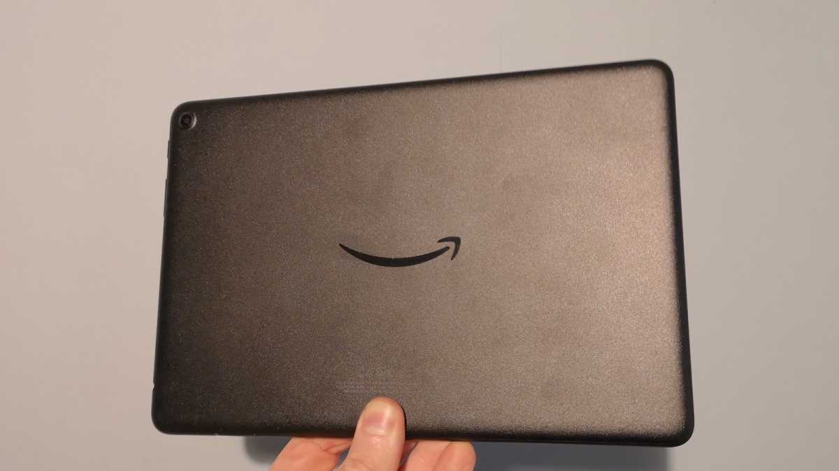 A close up of the Amazon Fire HD 10 (2023)'s rear cover, showing off the Amazon 'Smile' logo