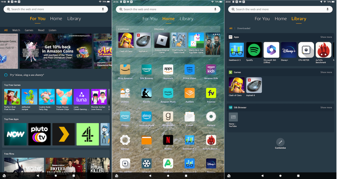 Screengrabs of the Amazon Fire HD 10 FIre OS home screens; For You, Home, and Library
