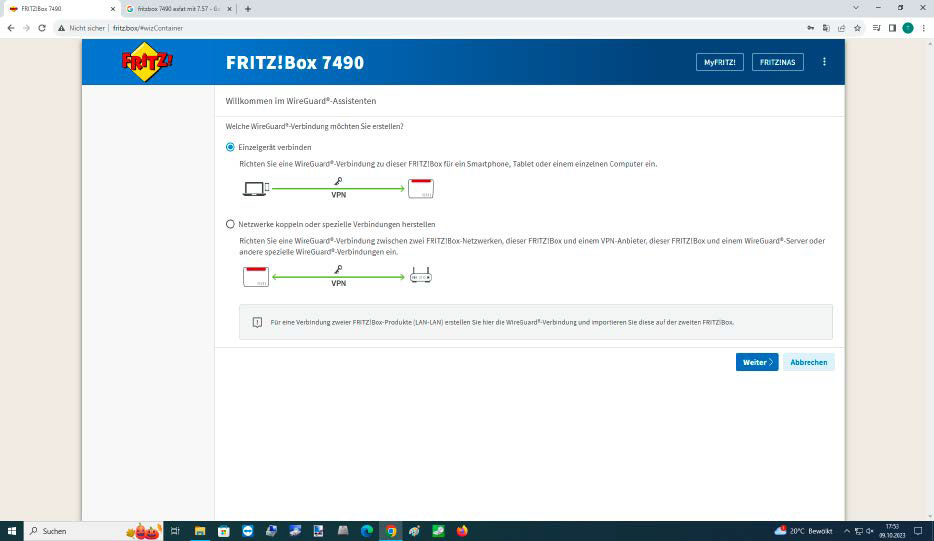 Mit Fritz-OS 7.57 bekommt die Fritzbox 7490 alle neuen Funktionen: Zum Beispiel lässt sich der Router einfach als VPN-Server mit dem schlanken Wireguard-Protokoll einrichten.