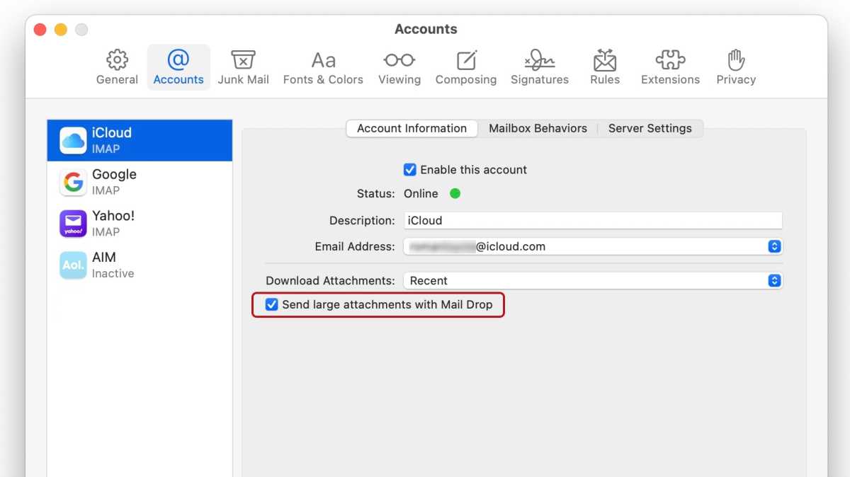 macOS Mail Drop settings