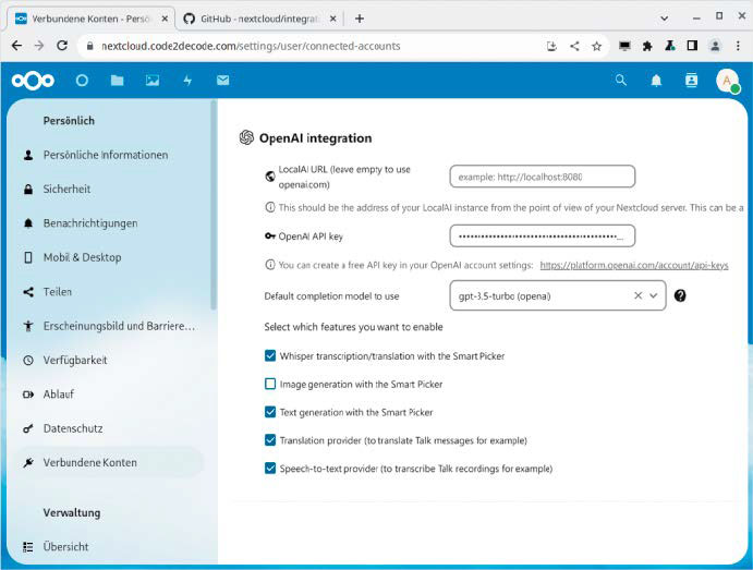 Anbindung per API: Eine App kann Nextcloud mit kommerziellen KI-Diensten von Open AI verbinden, um Chat-GPT, Dalle 2 und Whisper über den „Smart Picker“ zu nutzen.