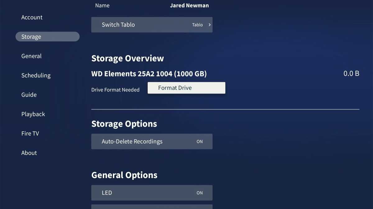 Tablo settings menu showing an external drive that needs formatting