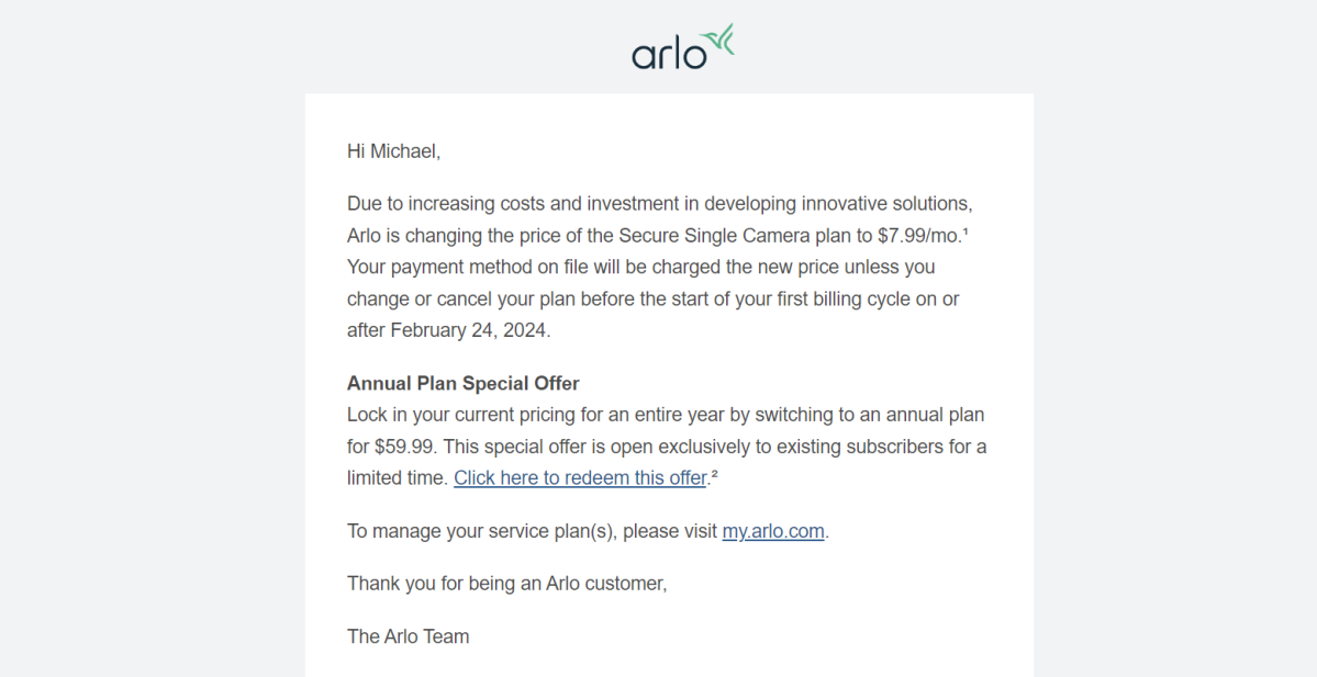 Arlo subscription price hike
