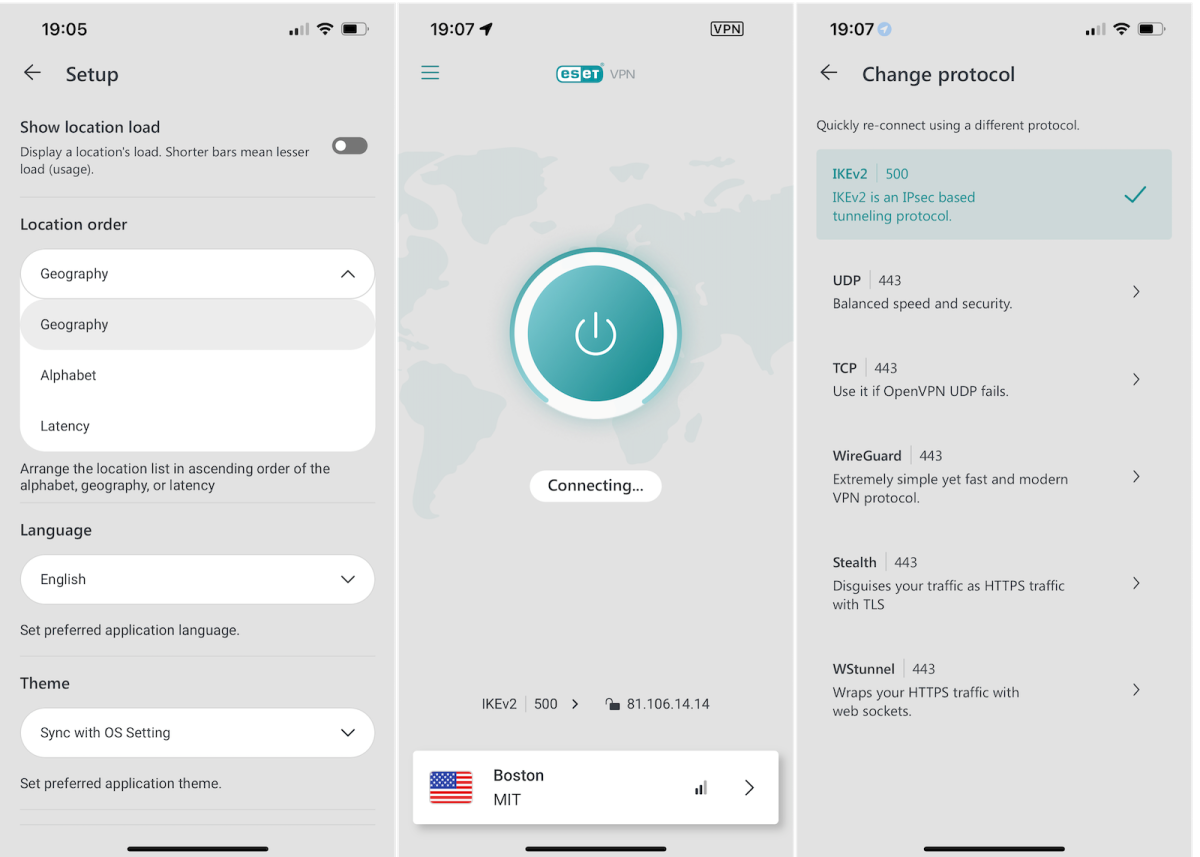 Screengrabs of the Eset VPN app for iOS