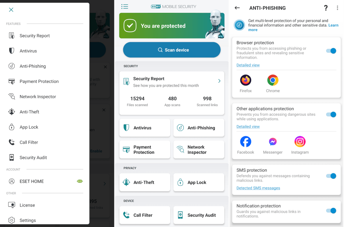 Screengrabs of the Eset Mobile Security app for Android