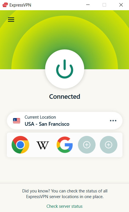 ExpressVPN Homescreen.